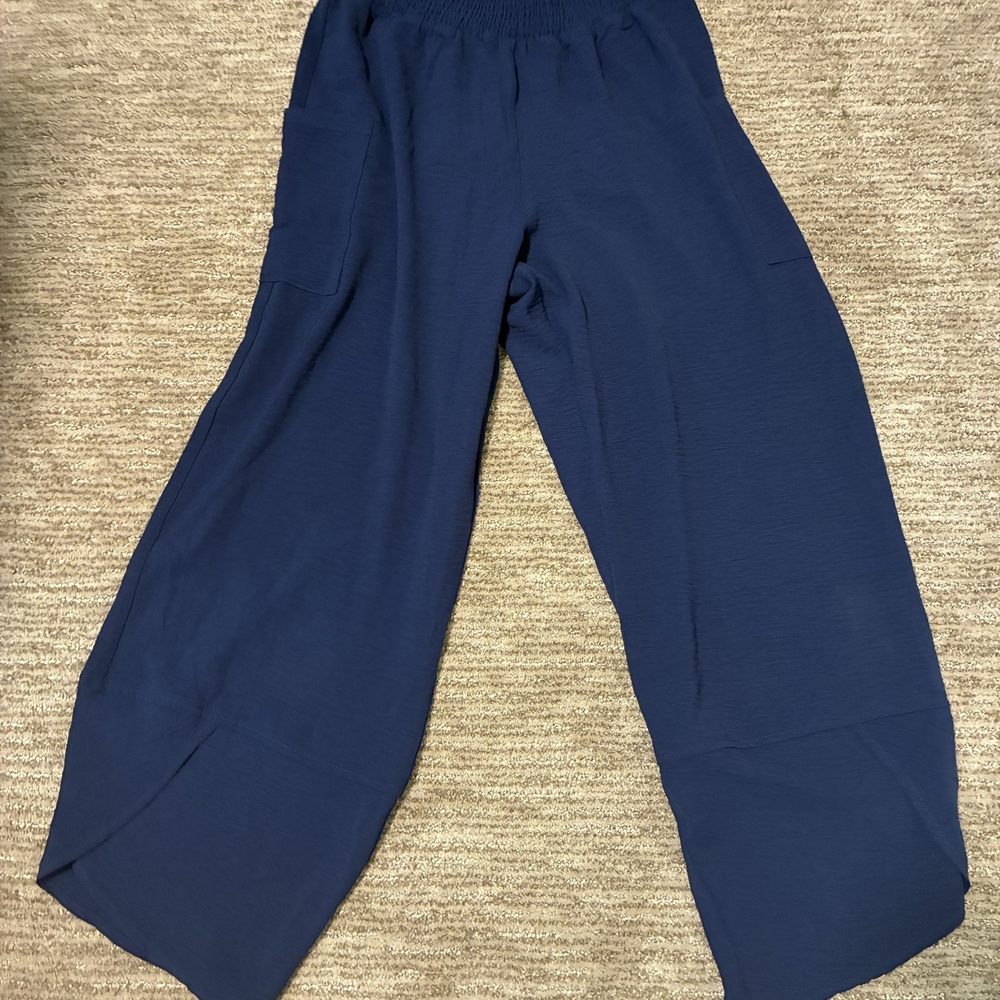 Lepunuo Wide Leg Pants Women Size S Navy Blue Cropped Ankle Elastic Waist